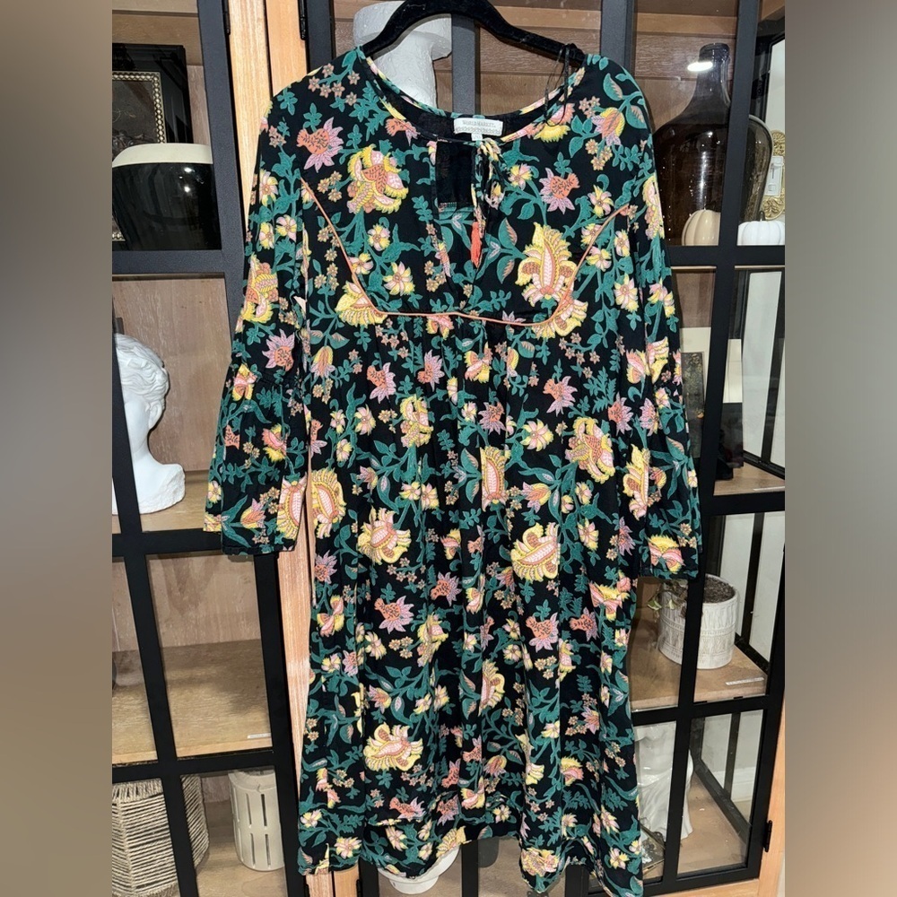 World Market dress floral tunic cotton bell long sleeve kaftan colorful flowers